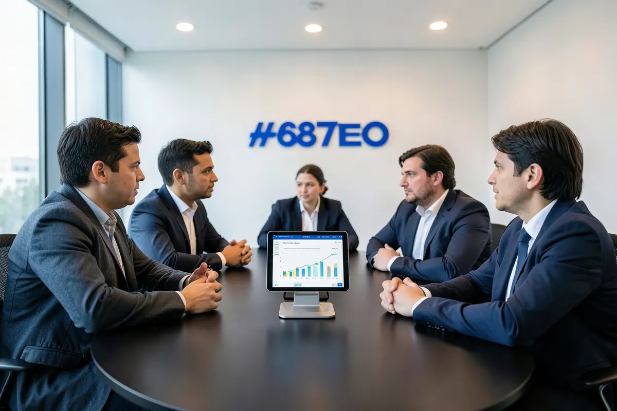 Pessoas em uma reunião discutindo um gráfico em um tablet.