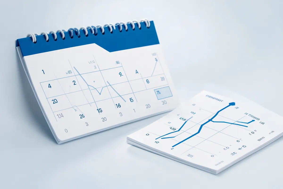 Um calendário com datas marcadas e um gráfico de crescimento.