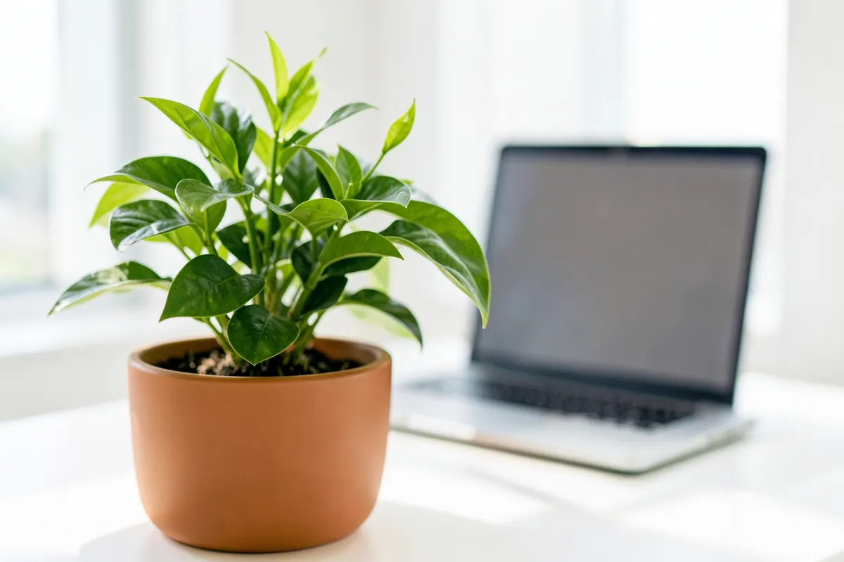 Uma planta crescendo em um vaso em uma mesa com um laptop ao fundo.