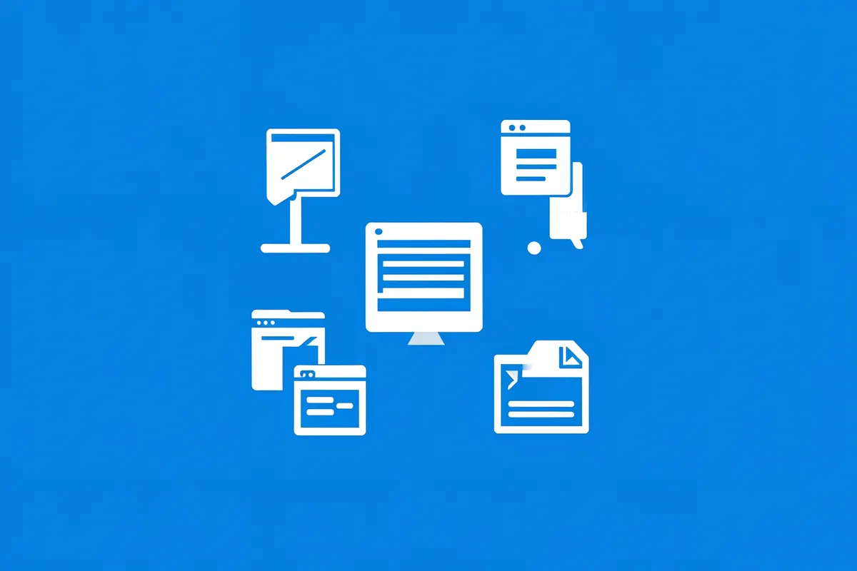 Uma seleção de ícones representando diferentes tipos de software em um fundo azul.