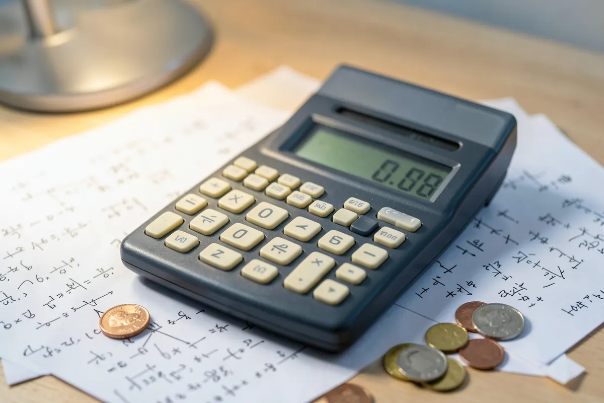 Uma calculadora antiga ao lado de papéis com anotações e moedas, para cálculo de custos.