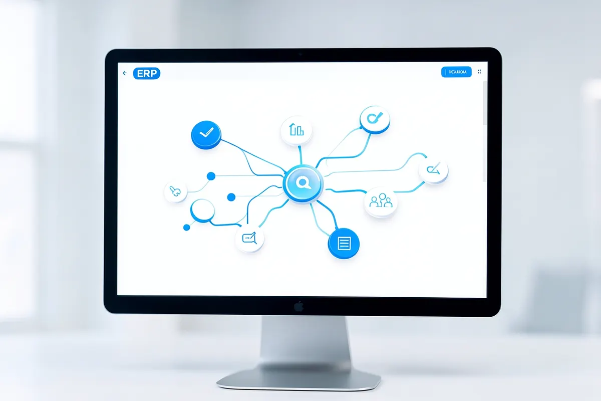 Um sistema ERP moderno com ícones de conexão, mostrando a ajuda de um software personalizado.