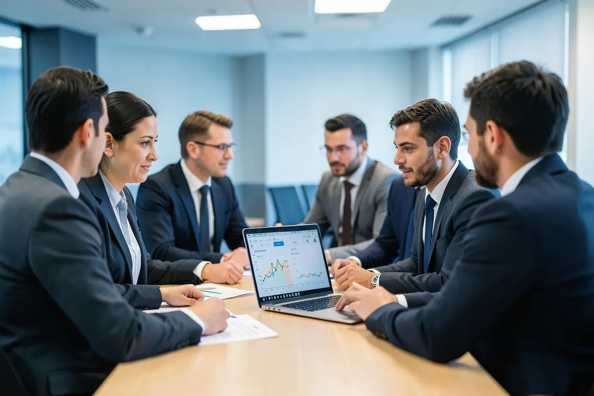 Um grupo de pessoas em volta de uma mesa de reunião discutindo gráficos e documentos, com um laptop aberto no centro, em um escritório moderno com luz ambiente.