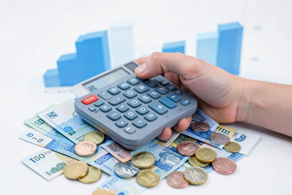 Uma mão segurando uma calculadora sobre notas de dinheiro e moedas, com um gráfico de barras em crescimento ao fundo, simbolizando o custo de um ERP.
