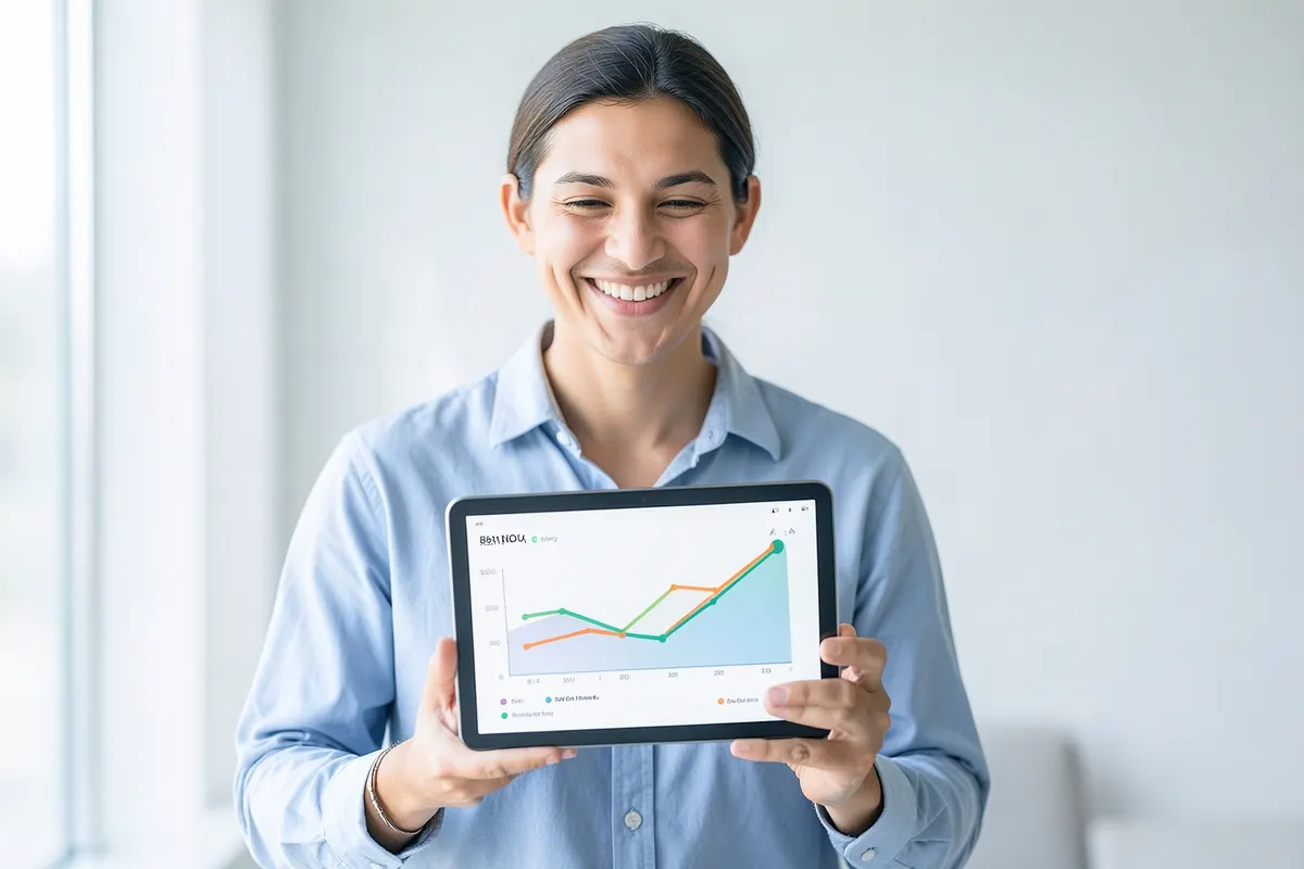Uma pessoa sorrindo e acenando enquanto segura um tablet que exibe um gráfico de crescimento positivo, em um ambiente de escritório claro e moderno.