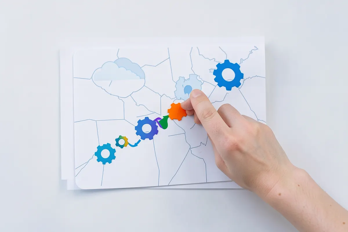 Uma pessoa traçando um caminho em um mapa com um dedo, com ícones de nuvem e engrenagens ao longo do percurso, simbolizando os próximos passos para implementar um ERP.