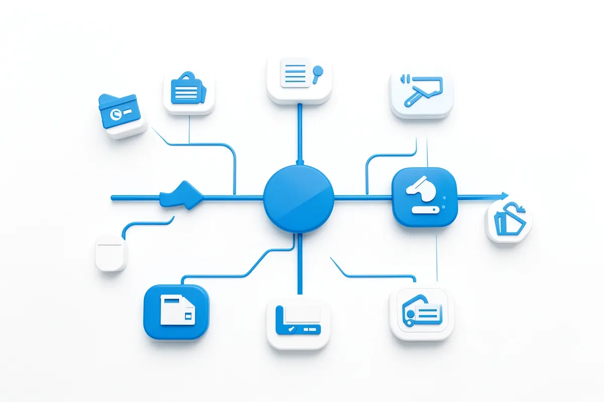 Um diagrama de fluxo mostrando processos de negócios interconectados, com ícones representando vendas, estoque e finanças, em tons de azul e cinza.