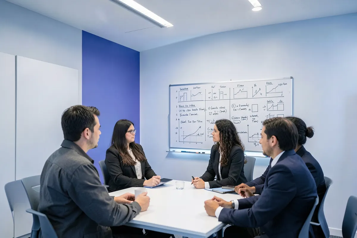 Um grupo de pessoas em uma sala de reunião, olhando para um quadro branco com gráficos e anotações, com expressões de concentração.