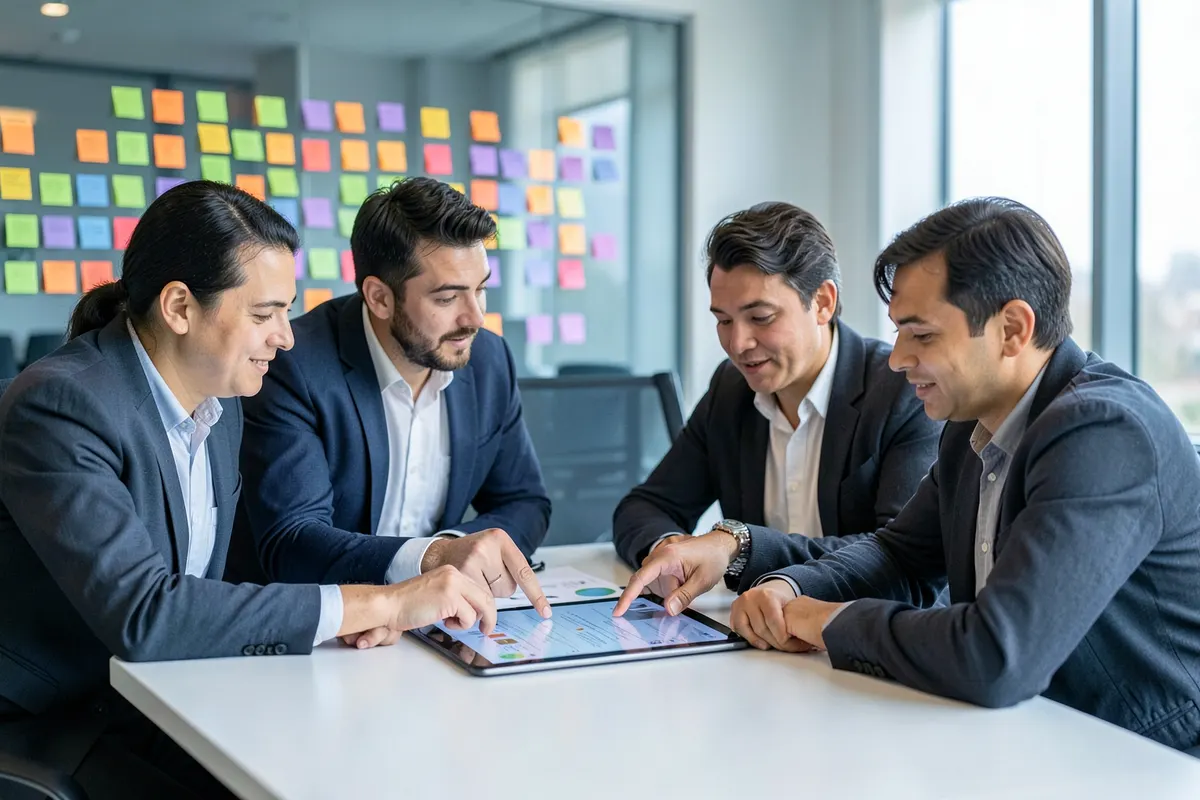 Uma equipe colaborando em torno de uma mesa, apontando para um tablet e discutindo um projeto, com post-its coloridos na parede ao fundo.