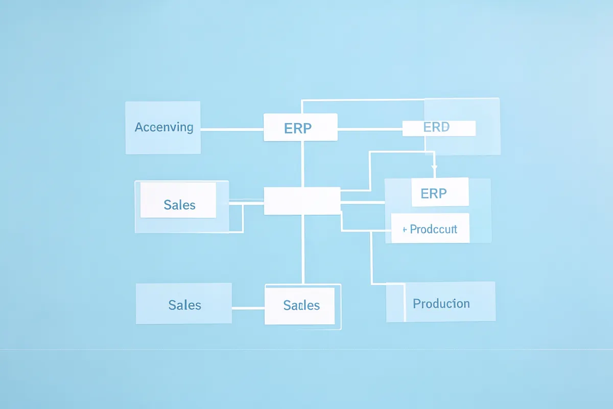 Um diagrama de blocos mostrando a interconexão de módulos de um sistema ERP, como contabilidade, vendas e produção, em um fundo azul claro.