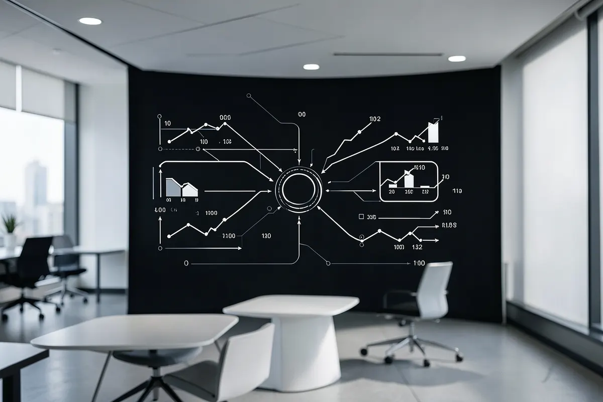 Uma representação visual de dados fluindo entre diferentes departamentos de uma empresa através de um sistema centralizado, com gráficos e números estilizados em um fundo escuro.