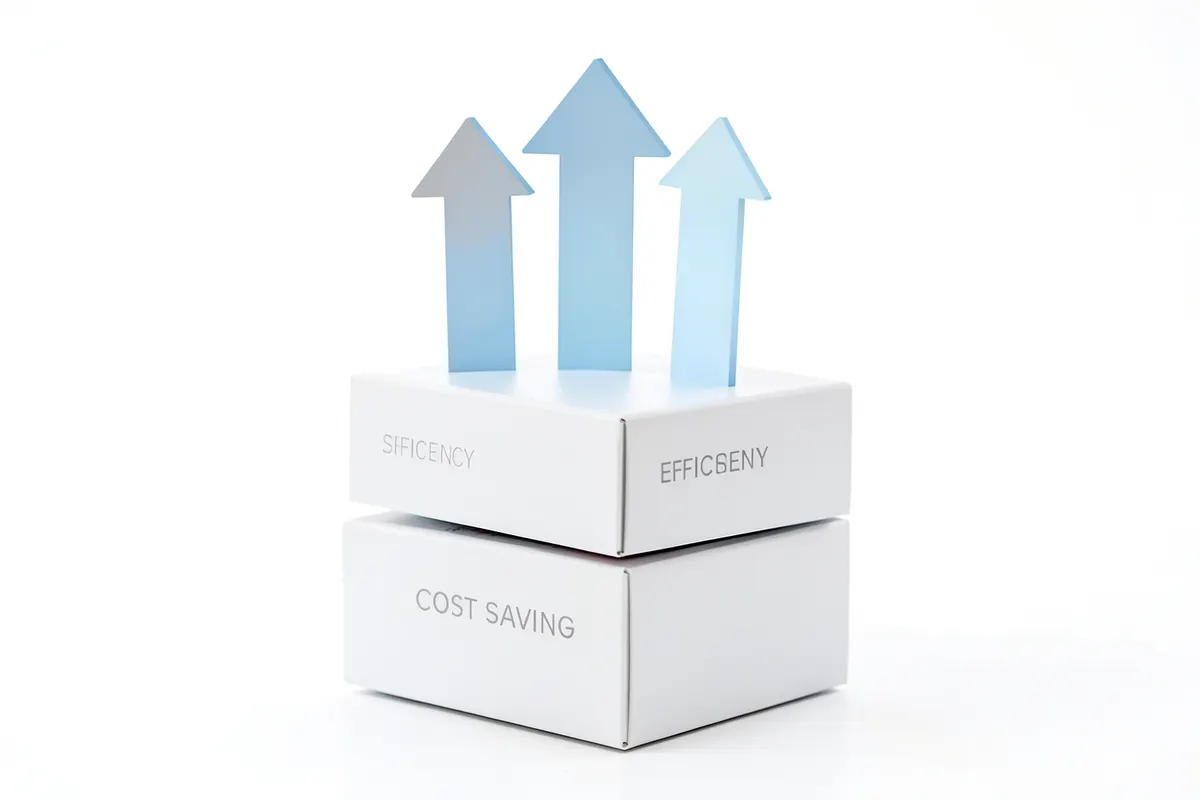 Um conjunto de caixas empilhadas representando benefícios como eficiência e economia, com setas apontando para cima, em um fundo branco.