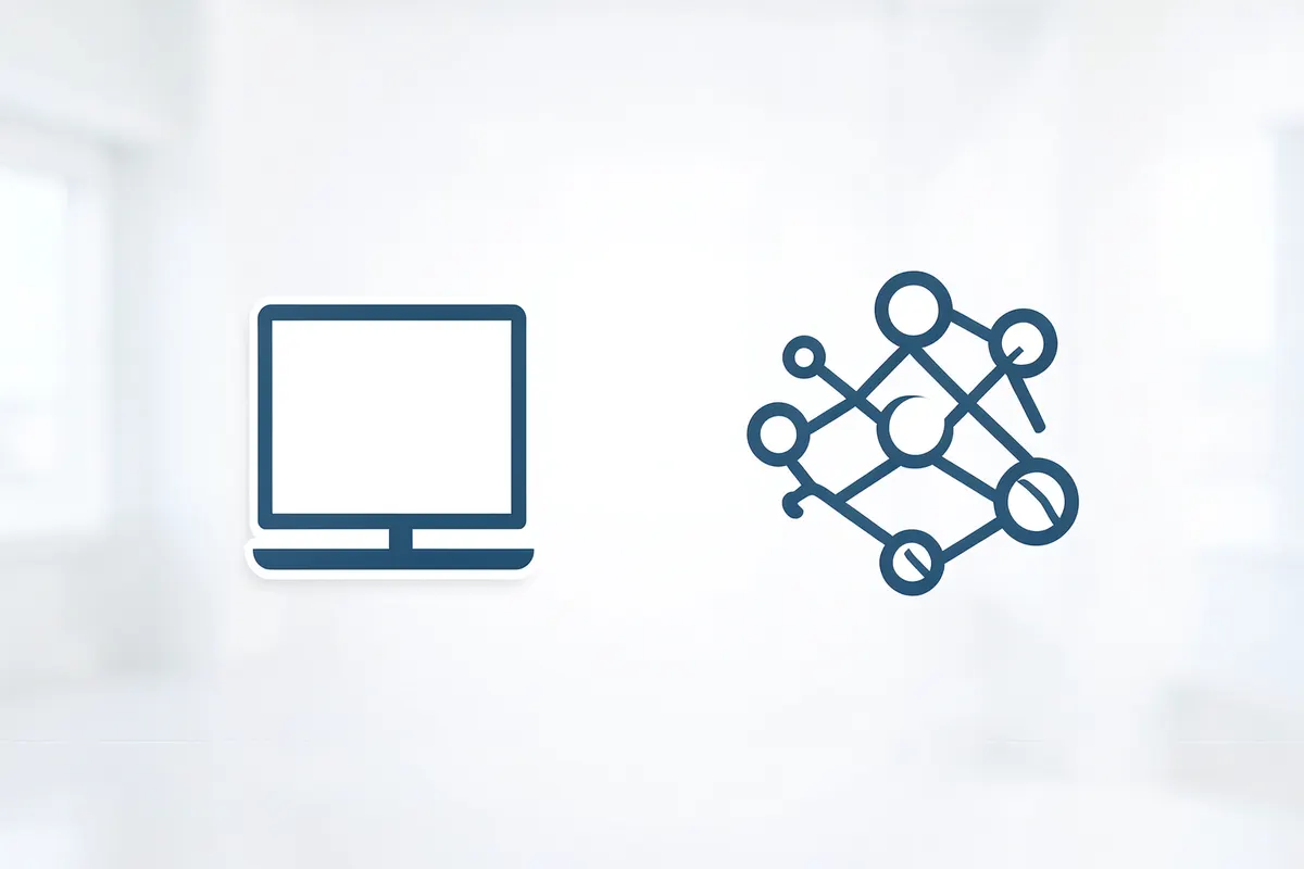Uma comparação visual lado a lado de um software genérico (representado por um ícone de computador) e um sistema ERP (representado por um ícone de rede interconectada), em um fundo gradiente.
