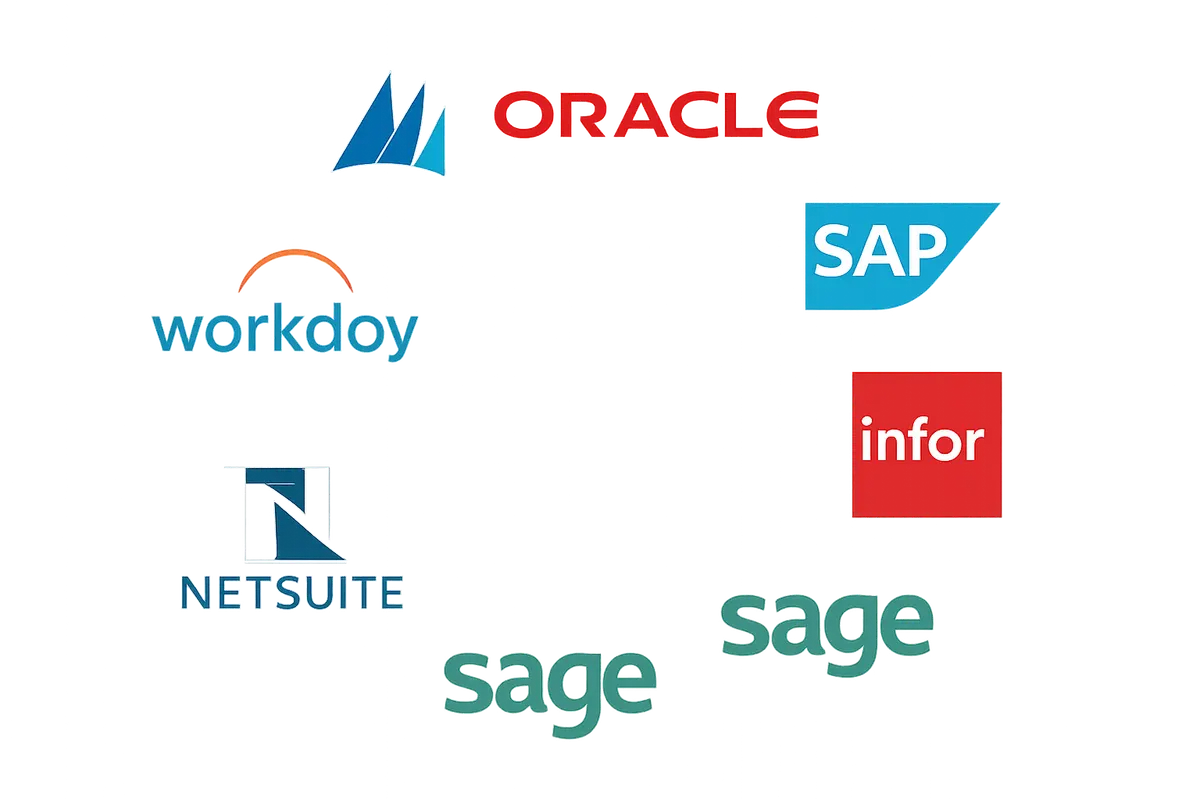 Uma lista de logos de empresas de tecnologia conhecidas dispostos em um círculo, representando os principais fornecedores de ERP.