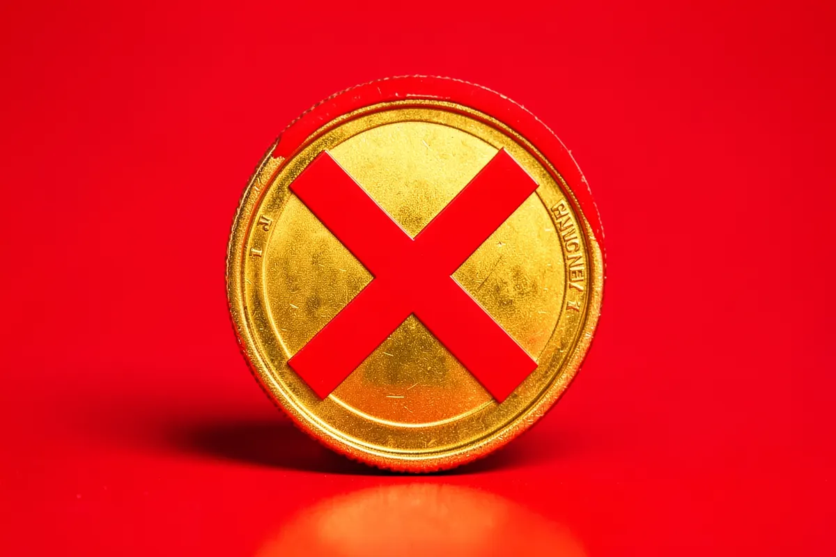 Uma ilustração de uma moeda de ouro com um sinal de "proibido" sobre ela, simbolizando que um sistema ERP não é gratuito, em um fundo vermelho.