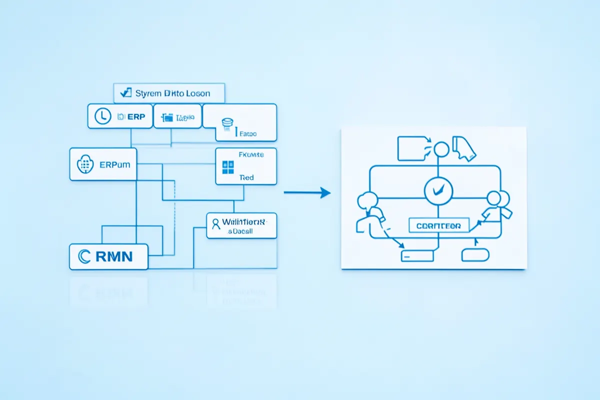 Um diagrama comparativo mostrando um sistema ERP (com múltiplos módulos interconectados) e um sistema CRM (com foco em clientes), em um fundo azul claro.