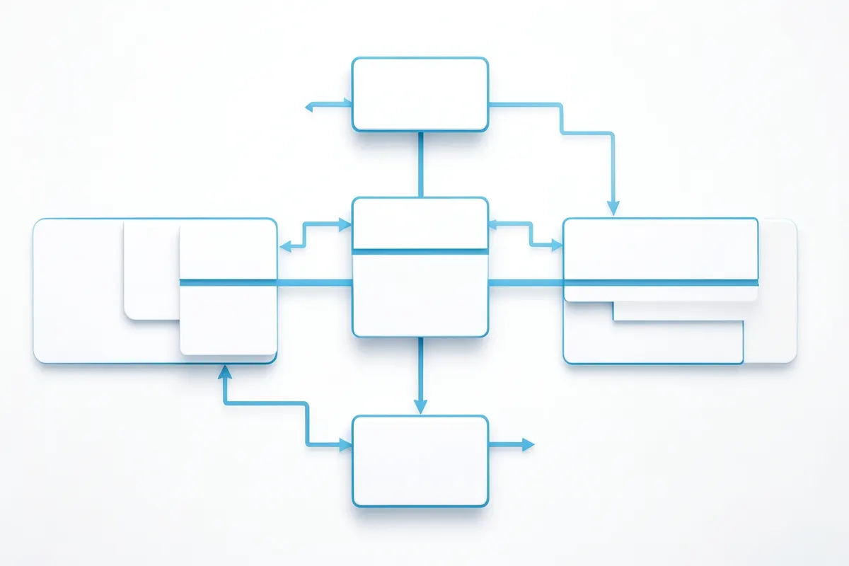 Diagrama de fluxo de um sistema de gestão empresarial com caixas interconectadas representando módulos.