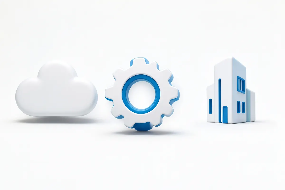 Três ícones representando diferentes tipos de software: nuvem, engrenagem e prédio.