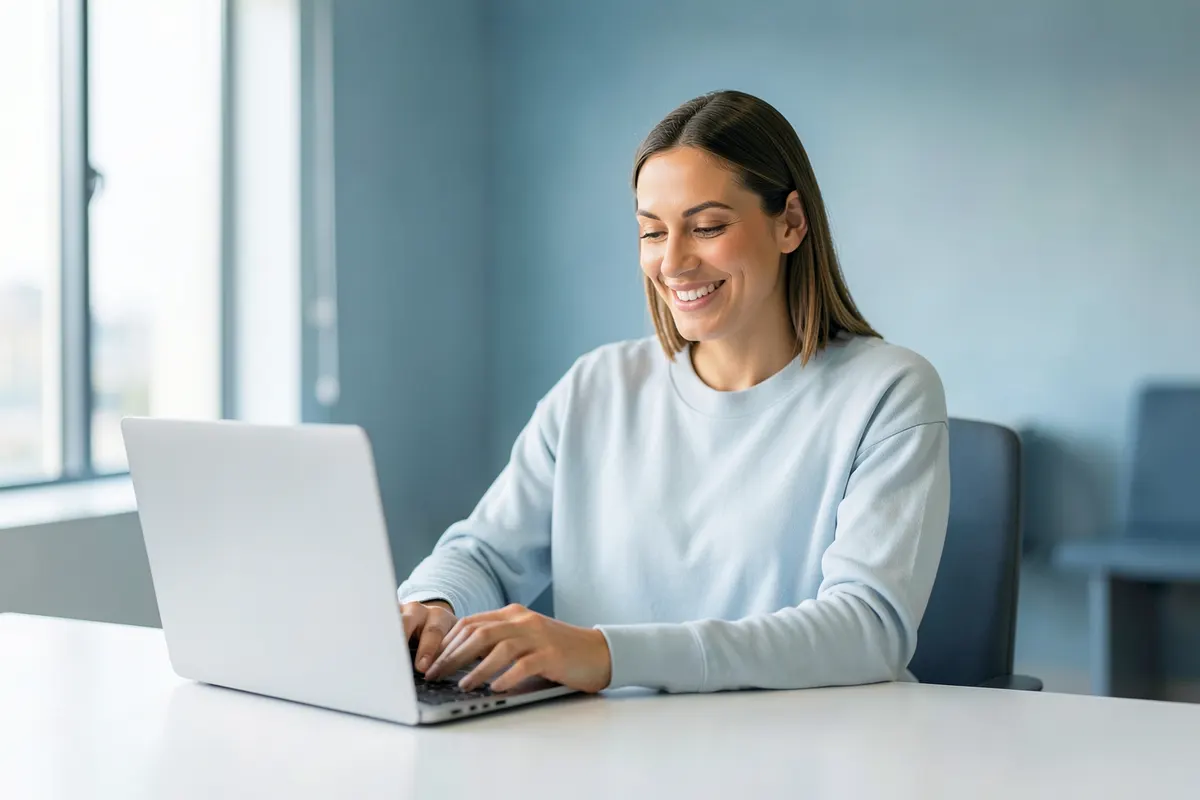 Uma pessoa sorrindo enquanto usa um laptop em um escritório moderno, com luz natural entrando pela janela.