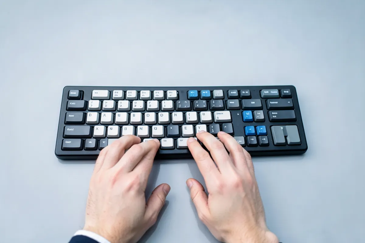 Um close-up de um teclado de computador com as mãos de uma pessoa digitando, com foco em uma tecla específica.