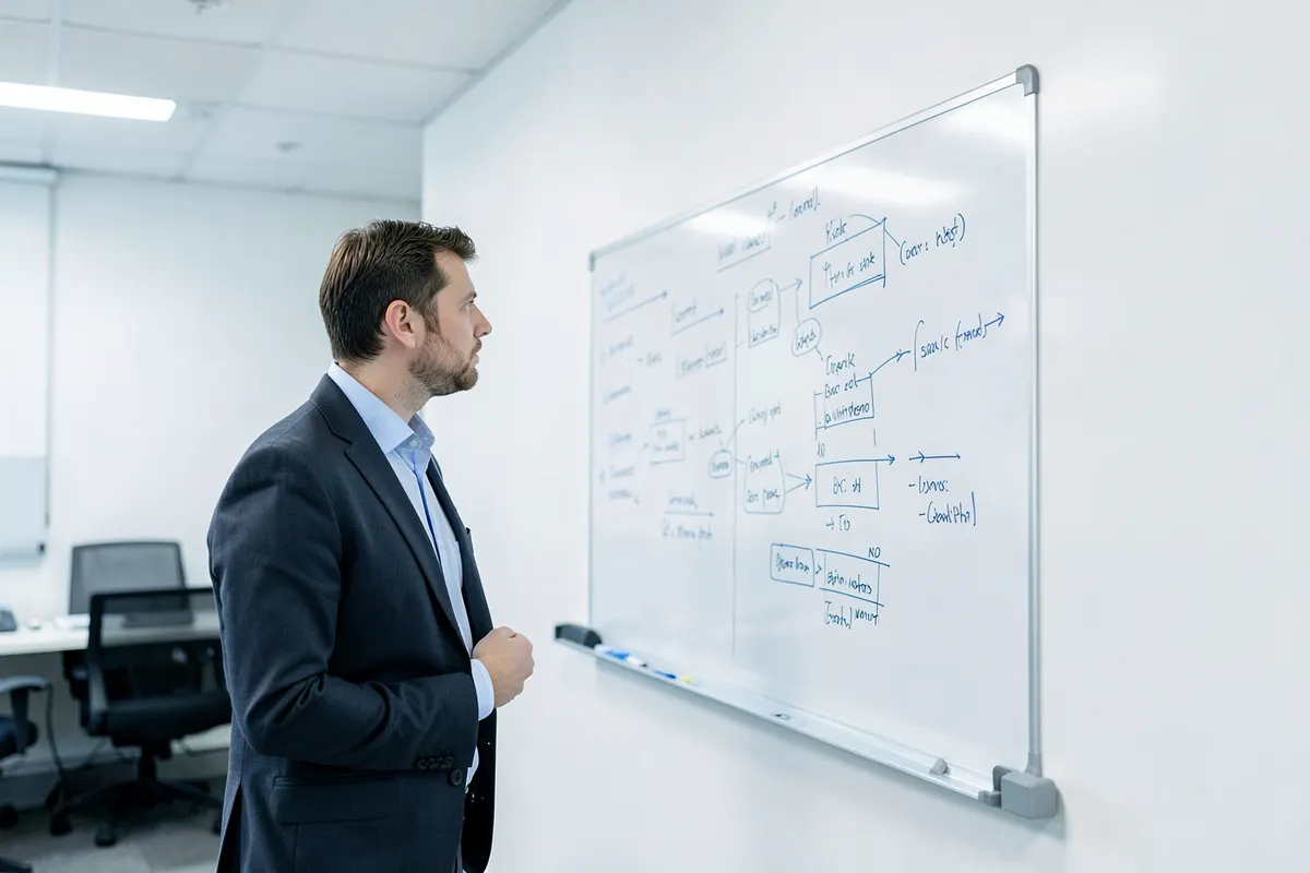 Uma pessoa pensativa olhando para um quadro branco com anotações e diagramas.