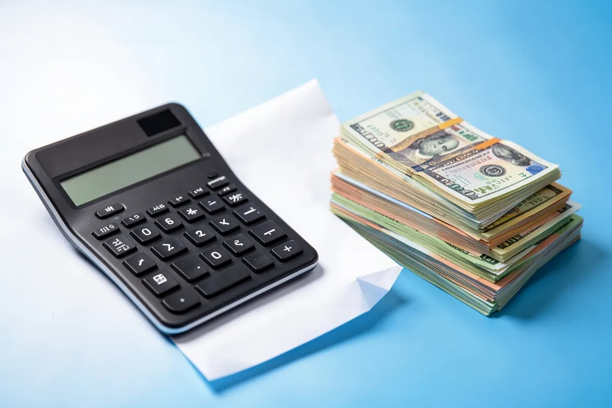 Uma calculadora e notas de dinheiro empilhadas sobre um contrato.