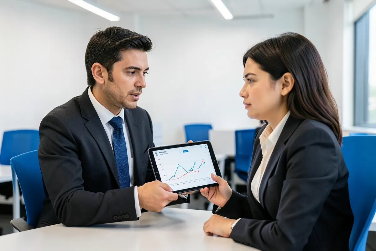 Um consultor brasileiro explicando um gráfico de crescimento em um tablet para um cliente em um ambiente de escritório.