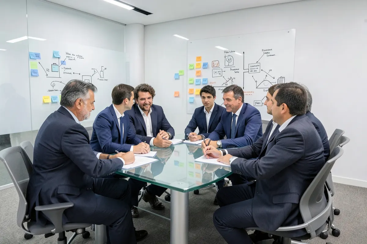 Uma equipe de profissionais brasileiros trabalhando juntos em um projeto em um escritório, com post-its e diagramas em uma parede.
