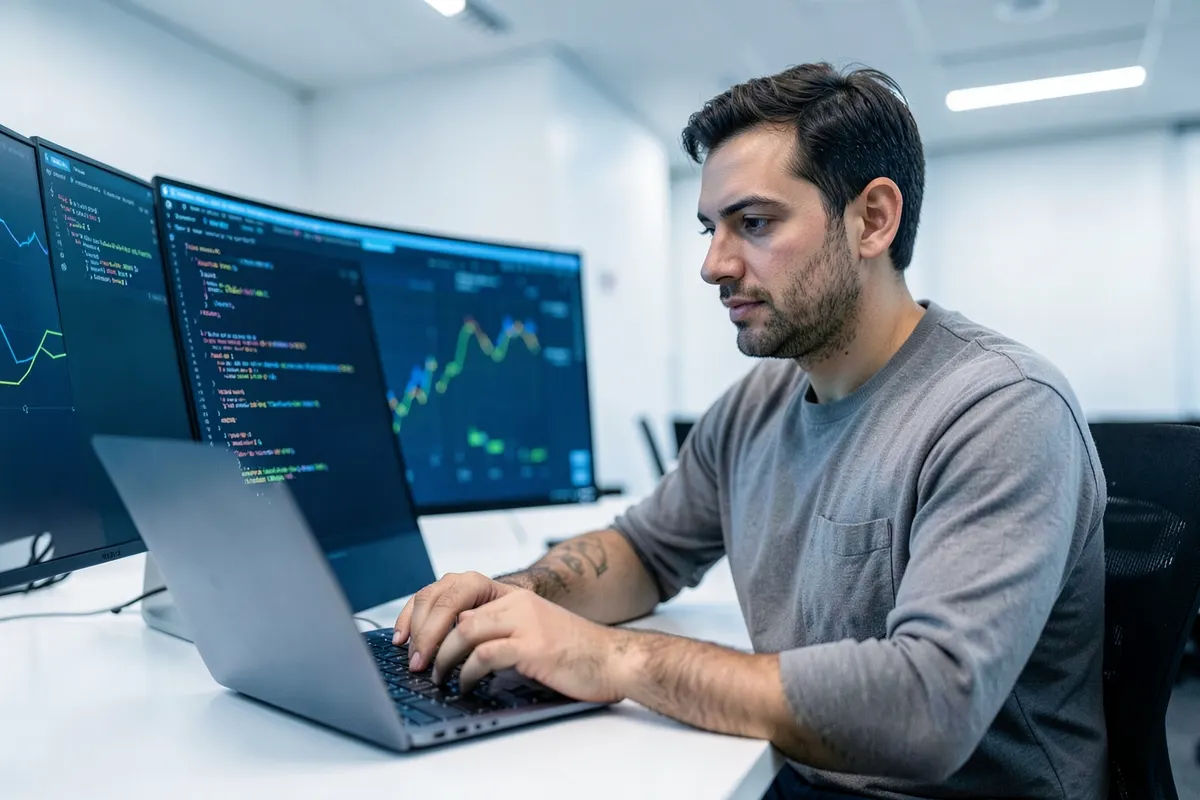 Um desenvolvedor de software brasileiro trabalhando em um código em um laptop em um escritório moderno, com gráficos de dados em uma tela secundária.