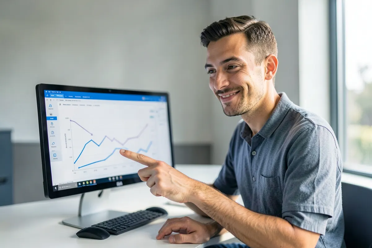 Um profissional de TI sorri enquanto aponta para um gráfico de crescimento em uma tela de computador, simbolizando a importância da migração de dados para o sucesso do negócio.