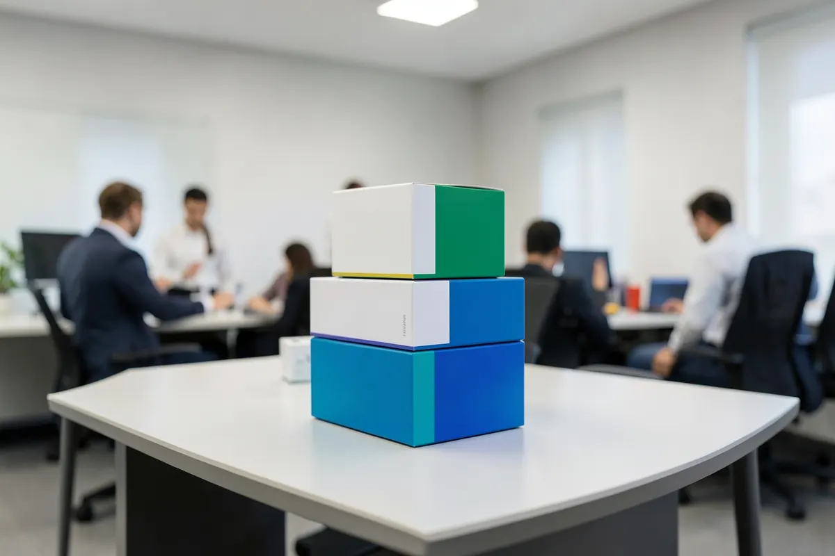 Três caixas de diferentes tamanhos e cores empilhadas em uma mesa, representando os diferentes tipos de migração de dados.