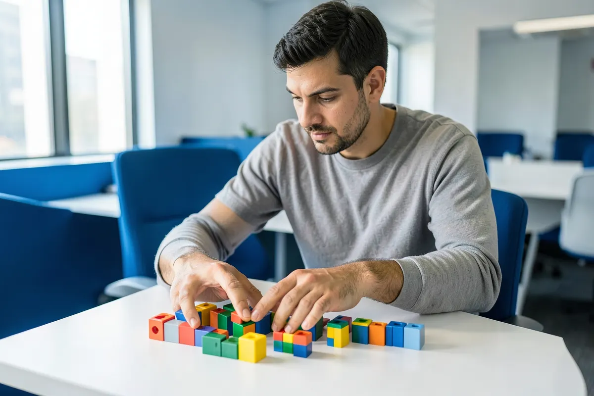Um profissional de TI em um escritório moderno organiza blocos de construção coloridos em uma mesa, representando os passos para uma migração de dados bem-sucedida.