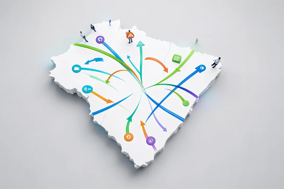 Um mapa estilizado do Brasil com ícones de dados fluindo entre diferentes cidades, representando a migração de dados para um sistema ERP em um contexto nacional.