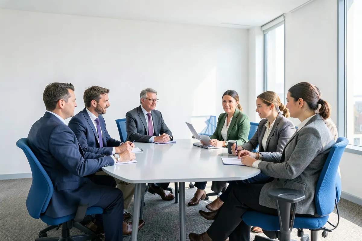 Um grupo de profissionais de negócios discutindo em uma sala de reunião com um quadro branco ao fundo, simbolizando planejamento e colaboração.