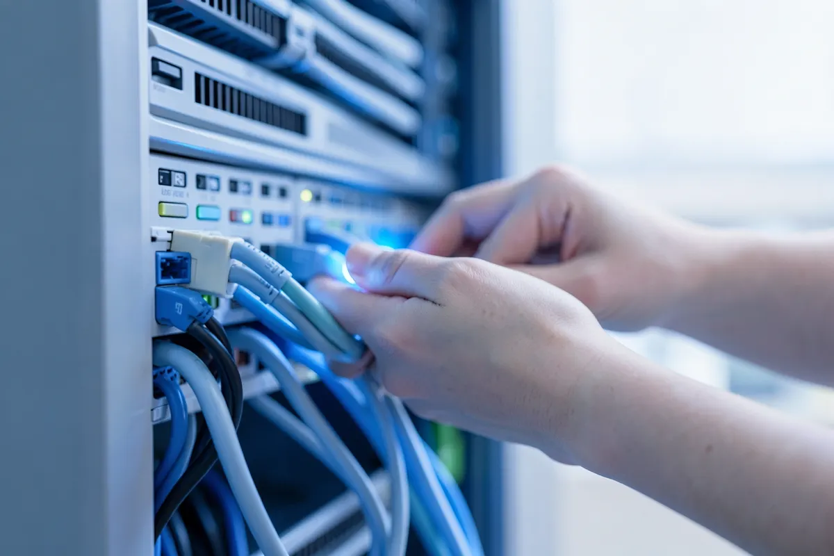 Um técnico de TI trabalhando em um servidor com cabos conectados, simbolizando a integração de sistemas.