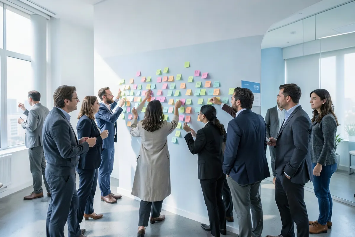 Uma equipe colaborando em um projeto usando post-its em uma parede, representando metodologias ágeis.
