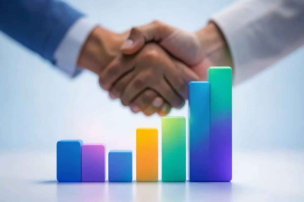 Um gráfico de barras mostrando crescimento positivo após a implementação de um sistema, com um aperto de mão ao fundo.