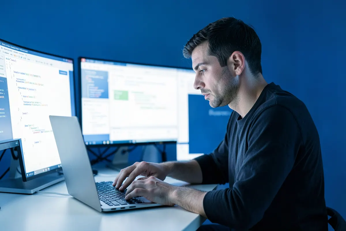 Um desenvolvedor de software trabalhando em um código em um laptop com várias telas ao redor, representando personalização.
