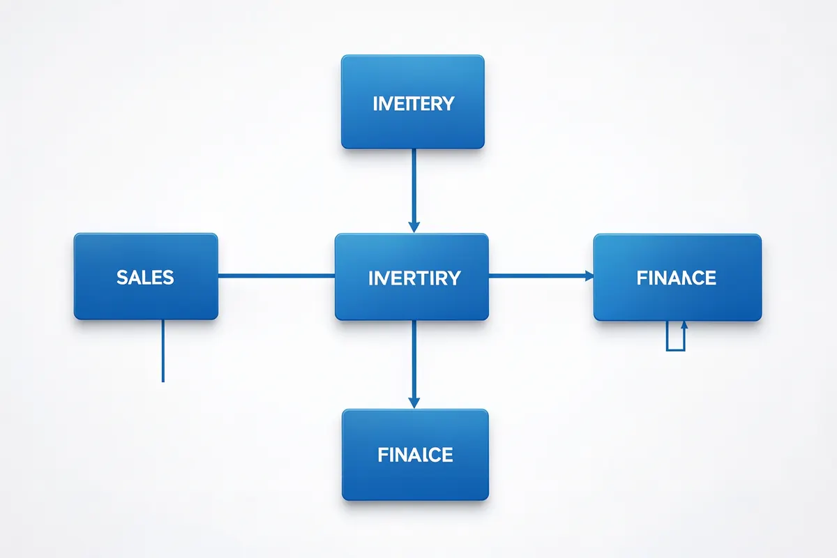 Um diagrama de fluxo mostrando a conexão entre diferentes módulos de um sistema ERP, como vendas, estoque e finanças