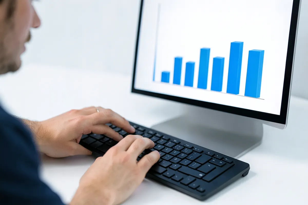 Uma pessoa digitando em um teclado de computador com um gráfico de barras em crescimento aparecendo na tela