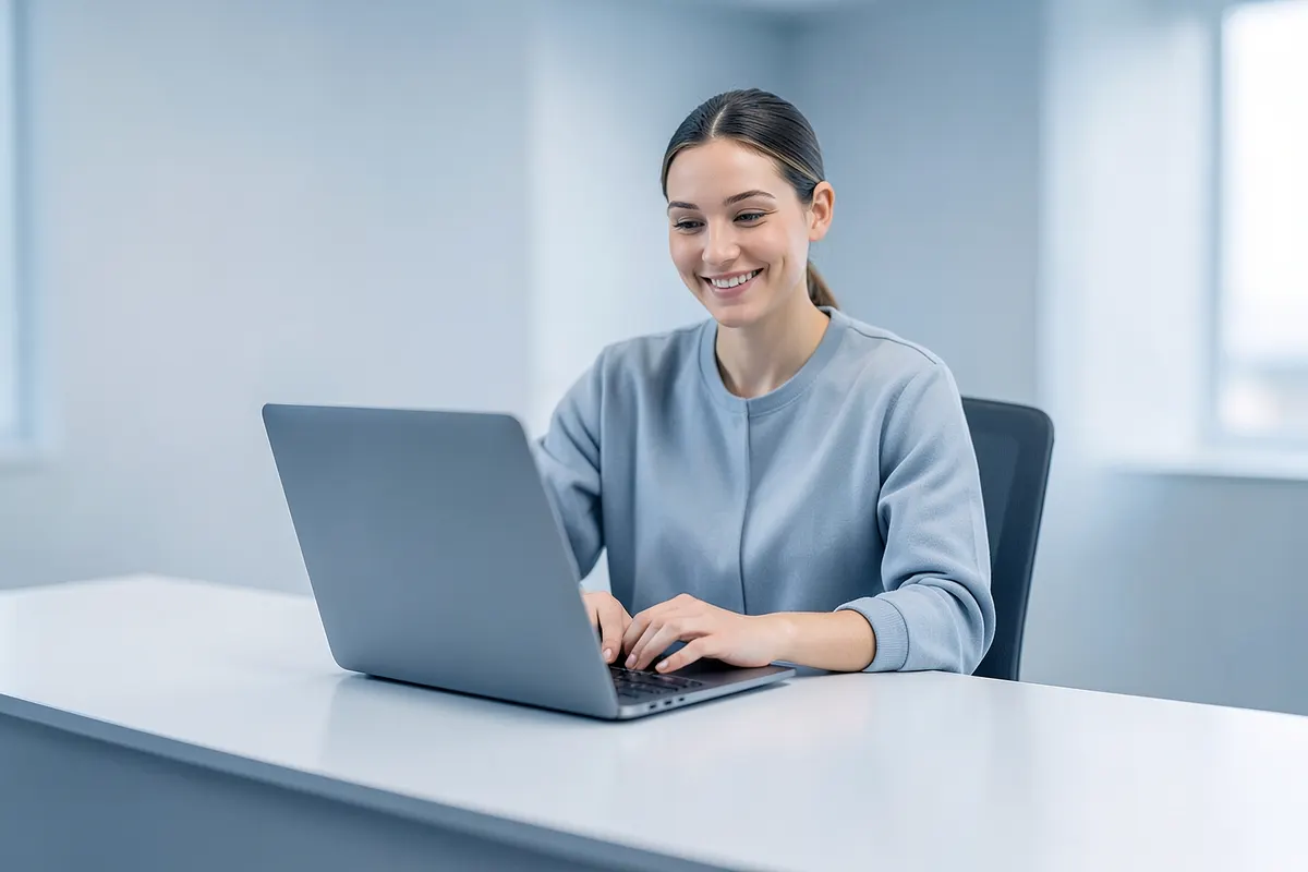Uma pessoa sentada em uma mesa de escritório olhando para um laptop com um sorriso
