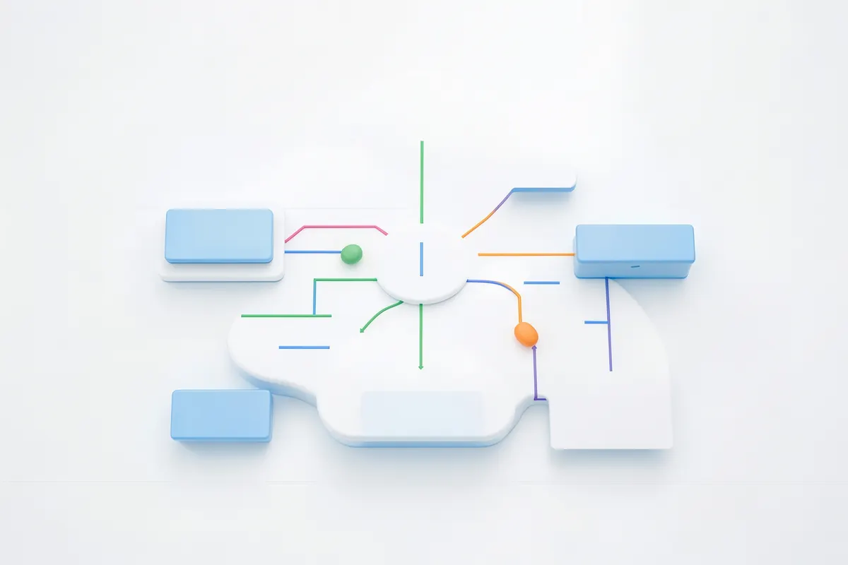 Um diagrama de fluxo de trabalho mostrando a integração de diferentes módulos de software em uma nuvem.