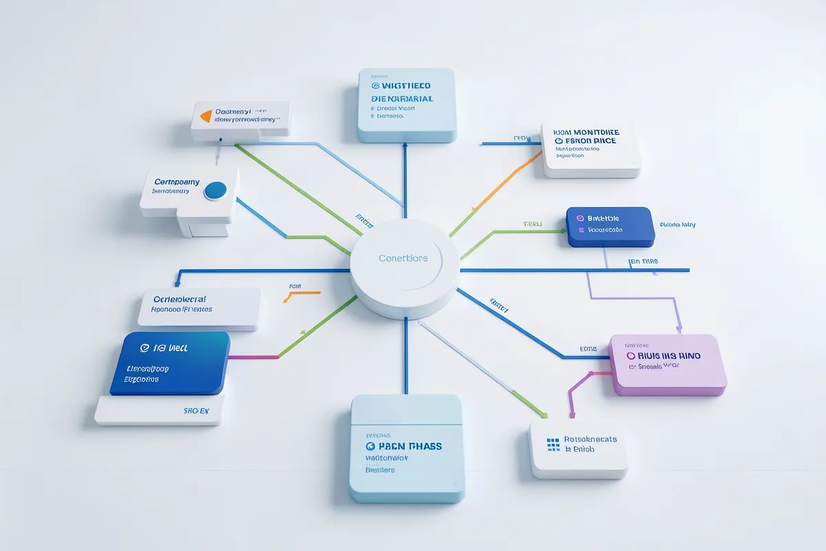Diagrama de fluxo mostrando a integração de diferentes departamentos de uma empresa em um sistema centralizado.