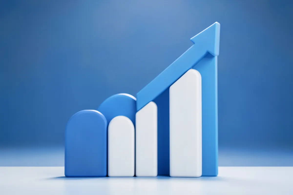 Um gráfico de barras mostrando o crescimento financeiro com uma seta apontando para cima, sobre um fundo azul desfocado.