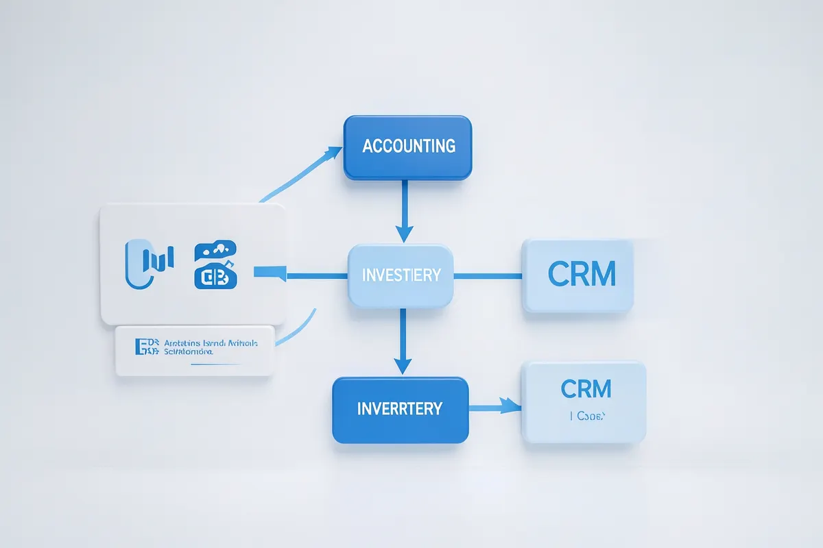 Um diagrama de fluxo mostrando a integração de diferentes módulos de software, como contabilidade, estoque e CRM, com setas indicando o fluxo de dados.