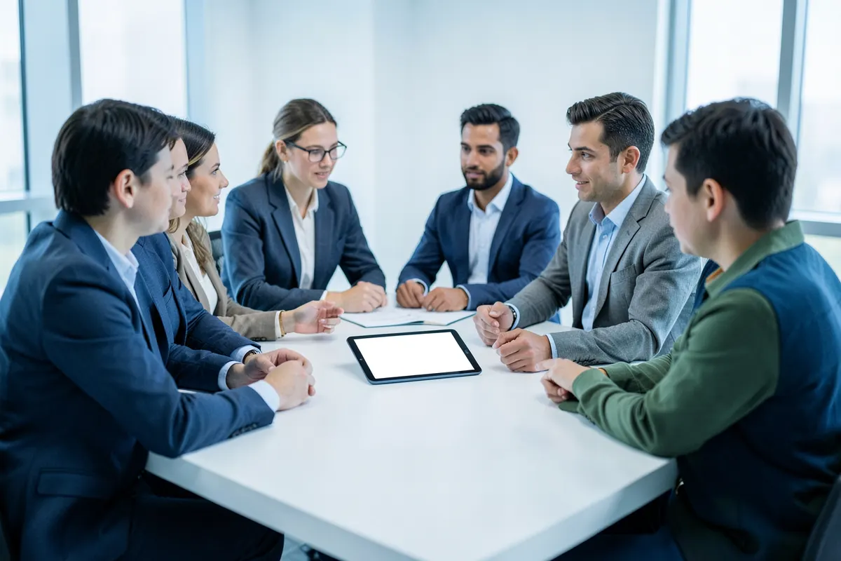 Uma equipe de pessoas colaborando em torno de uma mesa com um tablet, discutindo um projeto.