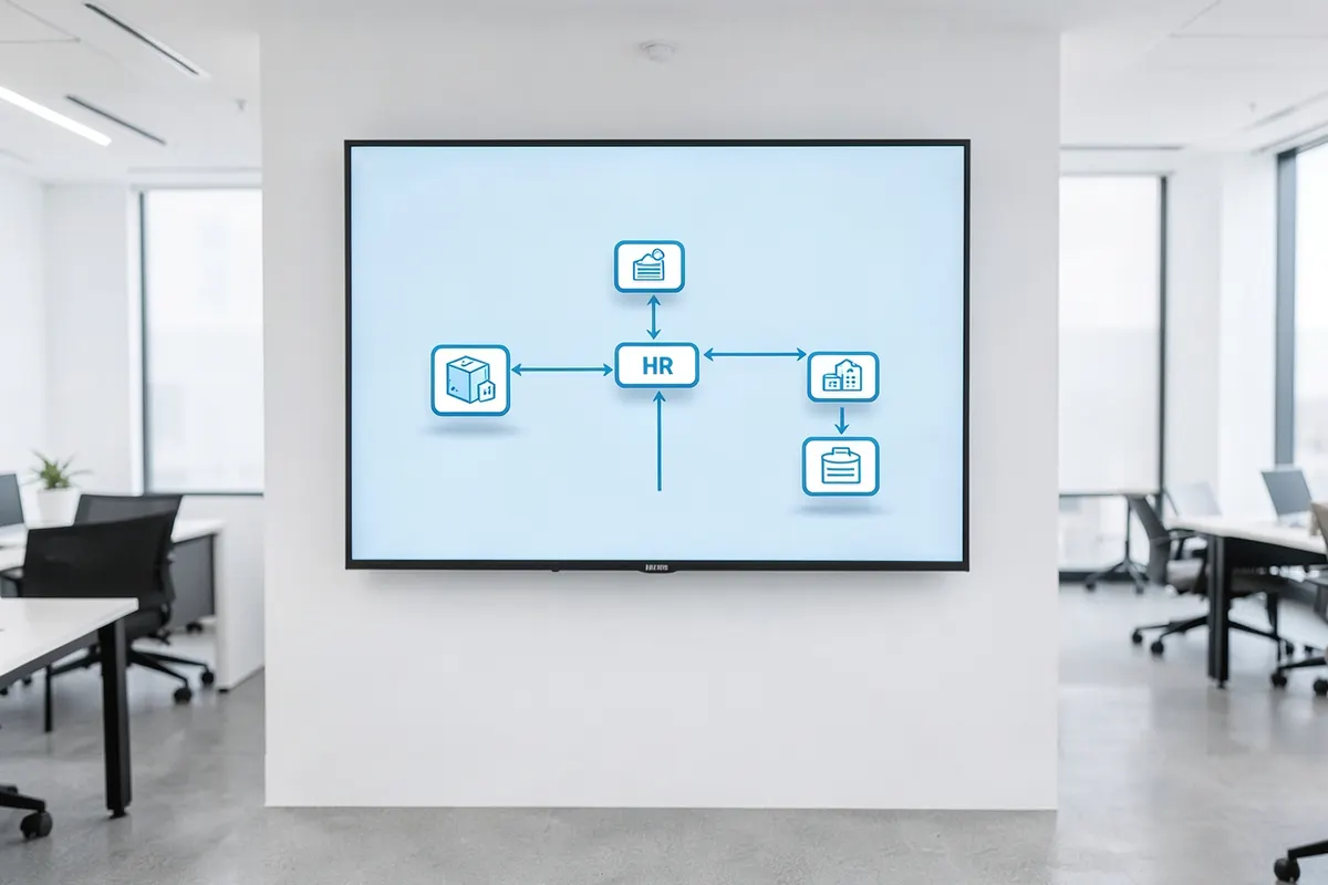 Um diagrama de fluxo de processos de negócios com ícones representando diferentes departamentos de uma empresa, como finanças, RH e estoque, conectados por setas em um fundo azul claro.