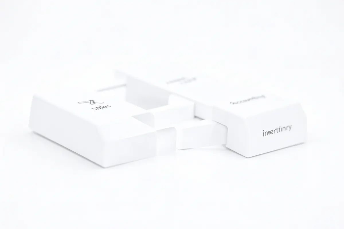 Uma representação visual de um sistema ERP com blocos interconectados simbolizando diferentes módulos como vendas, contabilidade e estoque, em um fundo branco limpo.