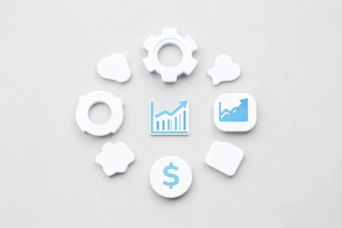 Um conjunto de ícones representando diferentes módulos de um sistema ERP, como engrenagens para operações, um gráfico para análise e um cifrão para finanças, dispostos em um círculo.