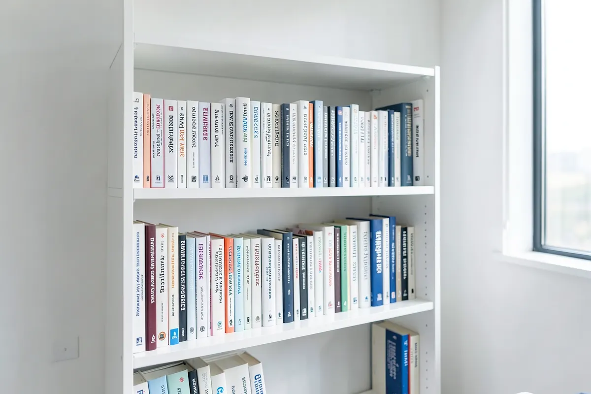 Uma estante de livros organizada com títulos variados, representando diferentes tipos de empresas e indústrias que podem usar um sistema ERP, em um ambiente de escritório.
